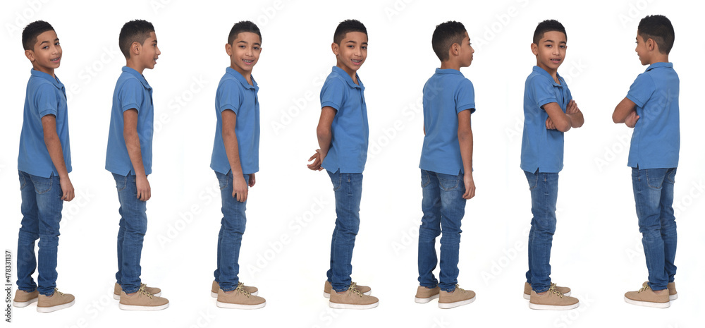 side and rear view of same boy various poses on white background - obrazy, fototapety, plakaty 