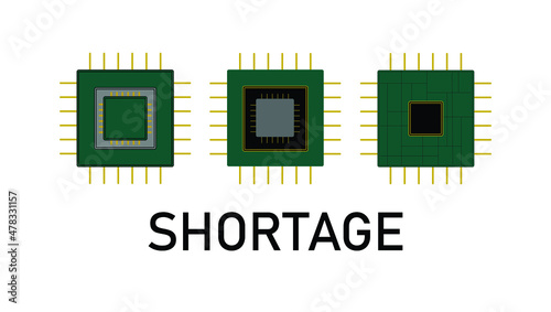 Vector showing semiconductor shortage, three green and gold chips with 'shortage' written below. Supply chain problems due to Covid-19. Business, computer, vehicle chips, processors. Global shortage.