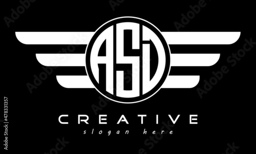ASD three letter monogram type circle letter logo with wings vector template.