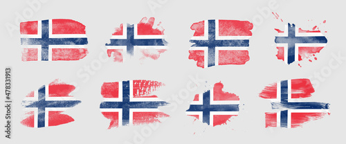 Painted flag of Norway in various brushstroke styles.