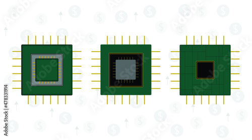 Vector showing semiconductor shortage, three green and gold chips with dollar signs and arrows showing high demand. Supply chain problems due to Covid19. Business, computer, vehicle chips, processors.