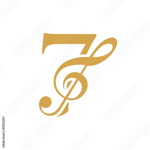 Music Logo On Letter 7 Concept. 7 Music Note Sign, Sound Music Melody Template