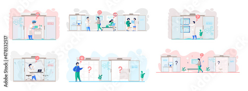 Making confusion. Doubts person surrounded by question marks. Questions dilemma situations. Asking questions. Confused people. Making choice. Being confused. Thinking or make decision. Solving problem