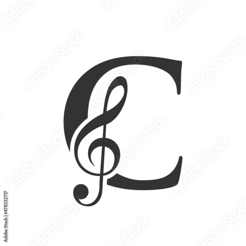 Music Logo On Letter C Concept. C Music Note Sign, Sound Music Melody Template