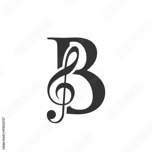 Music Logo On Letter B Concept. B Music Note Sign, Sound Music Melody Template