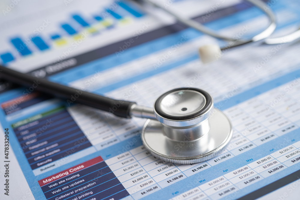 Stethoscope on spreadsheet paper, Finance, Account, Statistics, Investment, Analytic research data economy spreadsheet and Business company concept. Stethoscope on spreadsheet paper, Finance, Account, Statistics, Investment, Analytic research data economy spreadsheet and Business company concept.