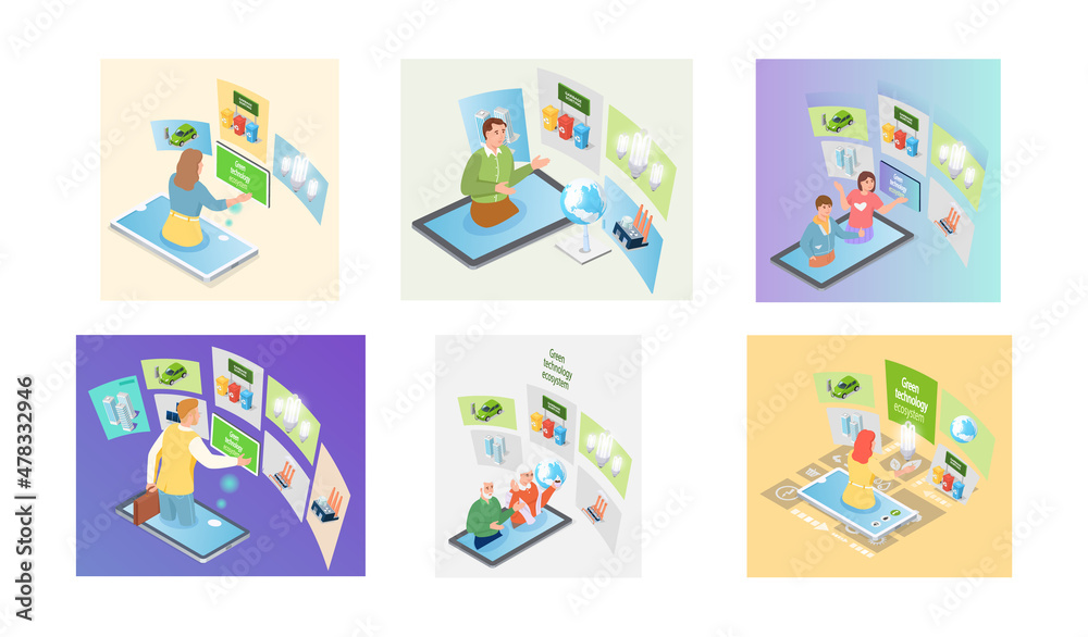 Fototapeta premium Set of illustrations about people working with integration of new technologies for environmental and ecology protection. Green techbology for eco friendly production, industrial development