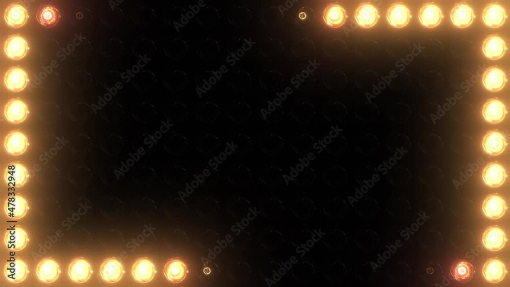 Colorful loop led back wall light bulbs. Glowing lamp background animation. Golden motion background for music video or stage event entertainment or concert. Copy space for text or logo