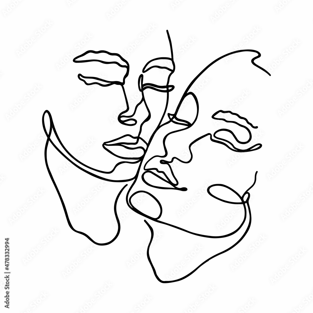 Vector illustration of people faces in line art style. Couple, lovers, tenderness. Black and white one line drawing. Doodle, minimalism, outline. Isolated on white background. Vector illustration of people faces in line art style. Couple, lovers, tenderness. Black and white one line drawing. Doodle, minimalism, outline. Isolated on white background.