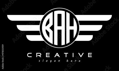 BAH three letter monogram type circle letter logo with wings vector template.