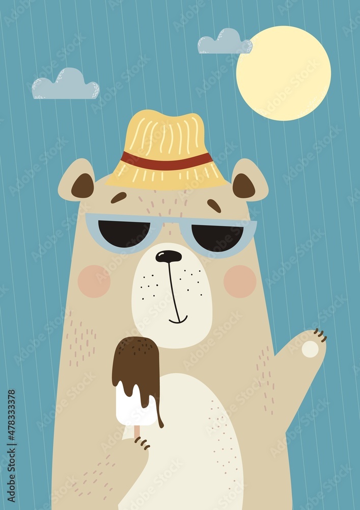 Vertical poster with cute bear in hat and sunglasses with ice cream on blue  background with sun and clouds. Vector illustration. For design, print,  nursery, room decor, postcards, kids collection Stock Vector |