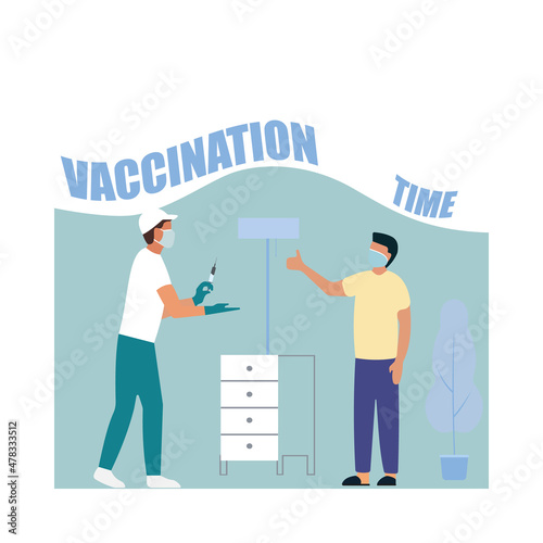 Time of vaccination against covid-19. Virus protection. Checking for antibodies and test result. Isolated concept on white background. Vector illustration
