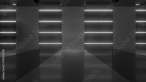 Empty room with neon lights. Futuristic tunnel architecture background. Box with metal wall. 3d render
