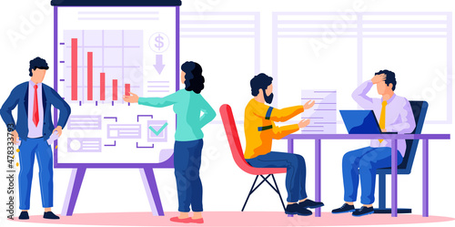 People have meeting about economic problems of company. Teamwork with diagram analysis. Colleagues discussing business issues. Businesspeople struggling with bankruptcy, declining indicators of profit