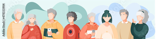 Group of people standing together community and togetherness concept, diversity portrait. Characters men and women isolated on white. Crowd community. Social diversity friends or relatives