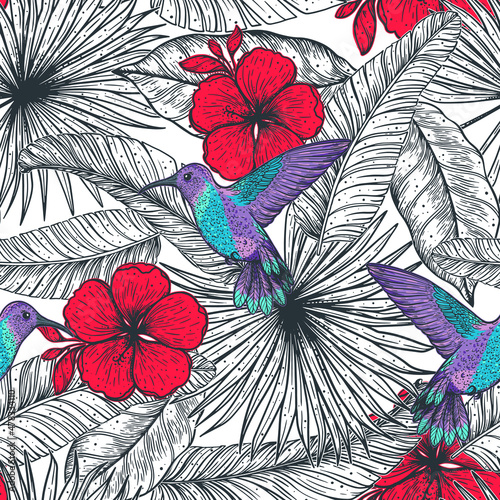 Tropical seamless pattern. Tropical design template. Hummingbird and palm leaves vector illustration. Spring and Summer design. Beautiful design for textiles. Jungle pattern. Print on cloth template.