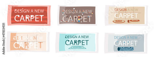 Design a new carpet flat vector banner, isolated on white background. Rug top view, floor covering. Poster with tapis and lettering for promotional products, interior element for textile store