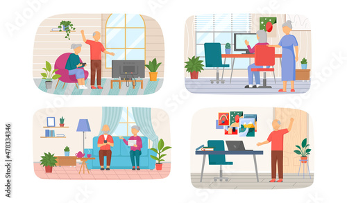 Set of illustrations about elderly people deal with modern gadgets. Old characters, seniors mastering technologies concept. Retired men and women communicate, relax and have fun using technology