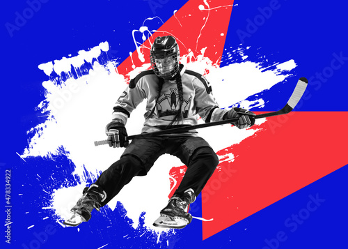 Creative sport design. Contemporary art collage of young motivated woman, hockey player in uniform isolated over multicolored textured background