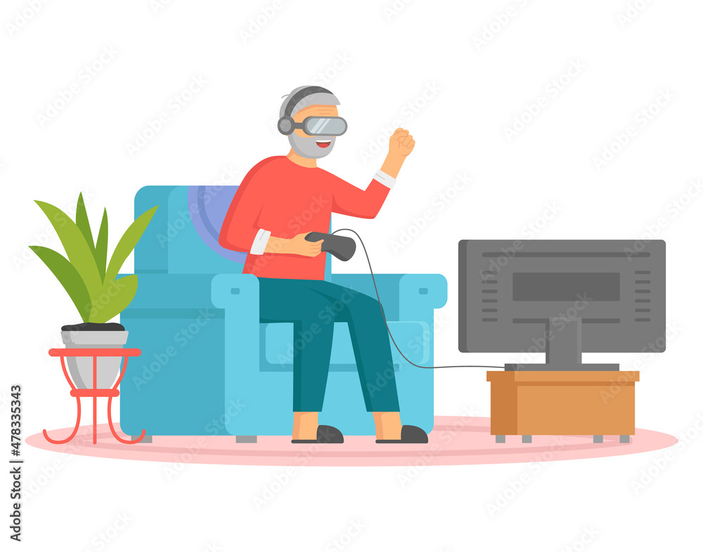 Old man playing video games on playstation. Senior is playing video game with console controller and virtual reality glasses. Elderly character has modern lifestyle. Person in VR glasses plays online Old man playing video games on playstation. Senior is playing video game with console controller and virtual reality glasses. Elderly character has modern lifestyle. Person in VR glasses plays online