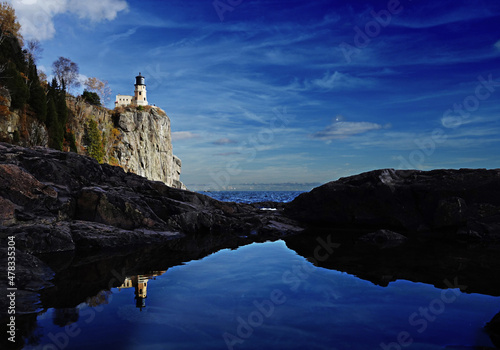 Split Rock Lighthouse on the Minnesota north shore of Lake Superior near Duluth and Two Harbors (foreground is sharp) photo