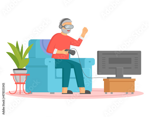 Old man playing video games on playstation. Senior is playing video game with console controller and virtual reality glasses. Elderly character has modern lifestyle. Person in VR glasses plays online