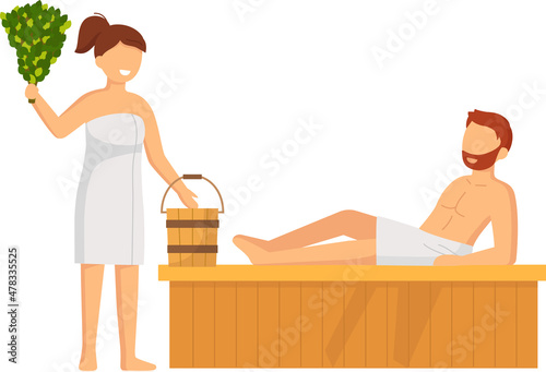 Cartoon people characters taking steam bath together. Flat vector illustration. Woman and man enjoying baths and steam, hammam with sauna whisk. Relax, health, bathhouse concept, wellness procedure