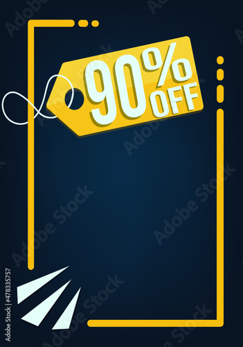 Sale  90%, ninety Percent off label, banner or flyer design template, discount app icon, colorful vector illustration.