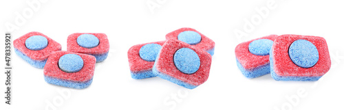 Set with dishwasher detergent tablets on white background. Banner design