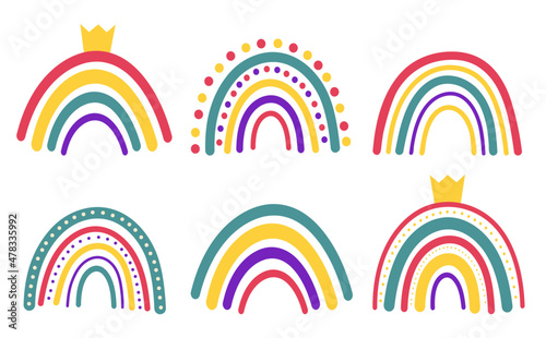 Cute vector illustrations with boho rainbows isolated on white background. Decoration of a children's room, children's invitations, posters.