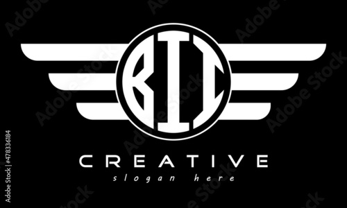 BII three letter monogram type circle letter logo with wings vector template.