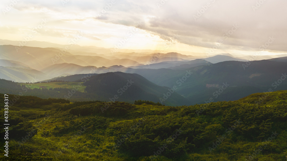 Misty haze on the hills. Colored sunrise in mountain slope. Sky with rain clouds. Beauty of nature concept background