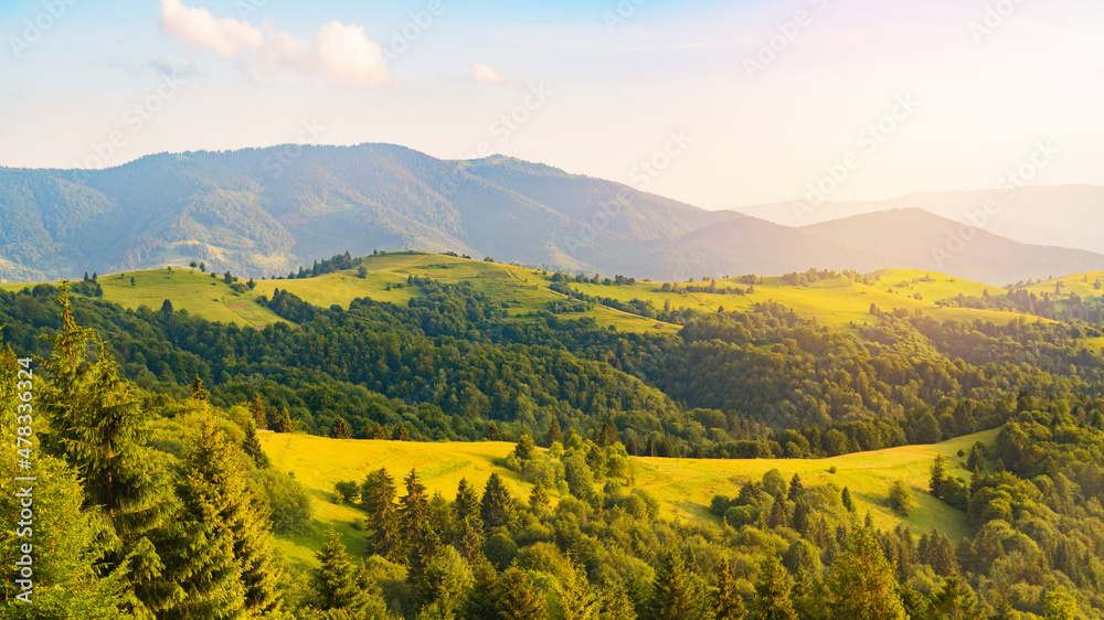 Great countryside mountains landscape in summer morning. Attractive scene on a sunny day. Fresh seasonal background. Discover the beauty of earth - obrazy, fototapety, plakaty 