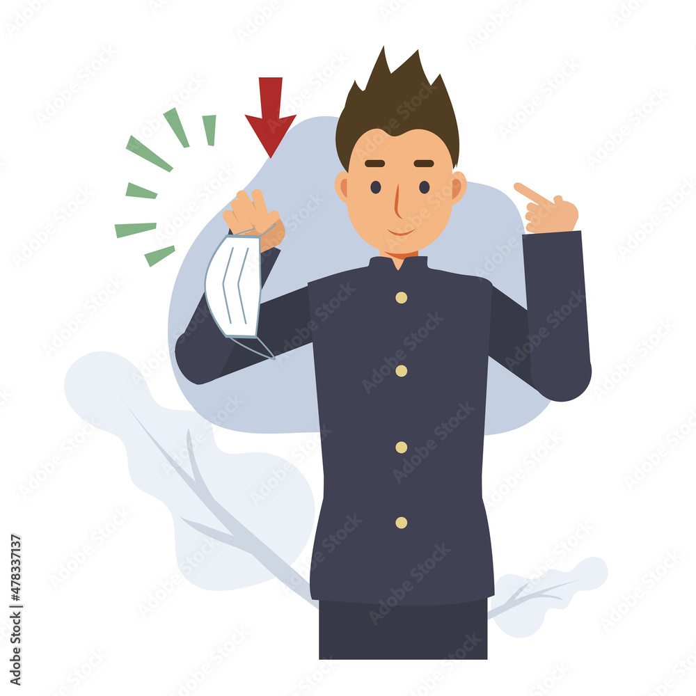 covid-19 concept.male japanese student is showing medical mask. please wear face mask before get in.Flat vector. covid-19 concept.male japanese student is showing medical mask. please wear face mask before get in.Flat vector.