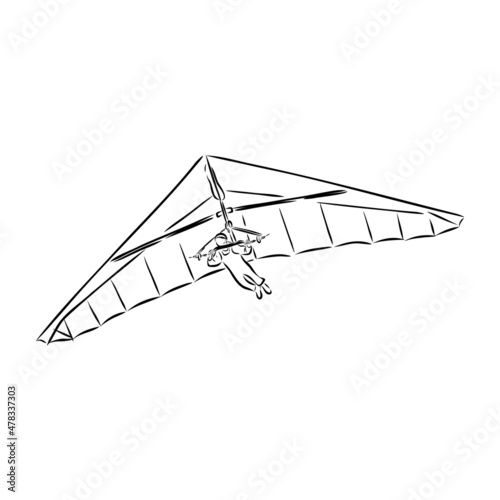 Hang glider, extreme, sky, sport, fly concept. Hand drawn man flying with hang glider concept sketch. Isolated vector illustration.