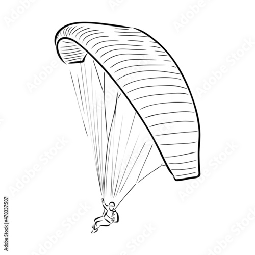 Paragliding man sketch. Paraglide wing and harness for sky flights. Monochrome hand drawn vector illustration isolated in white background