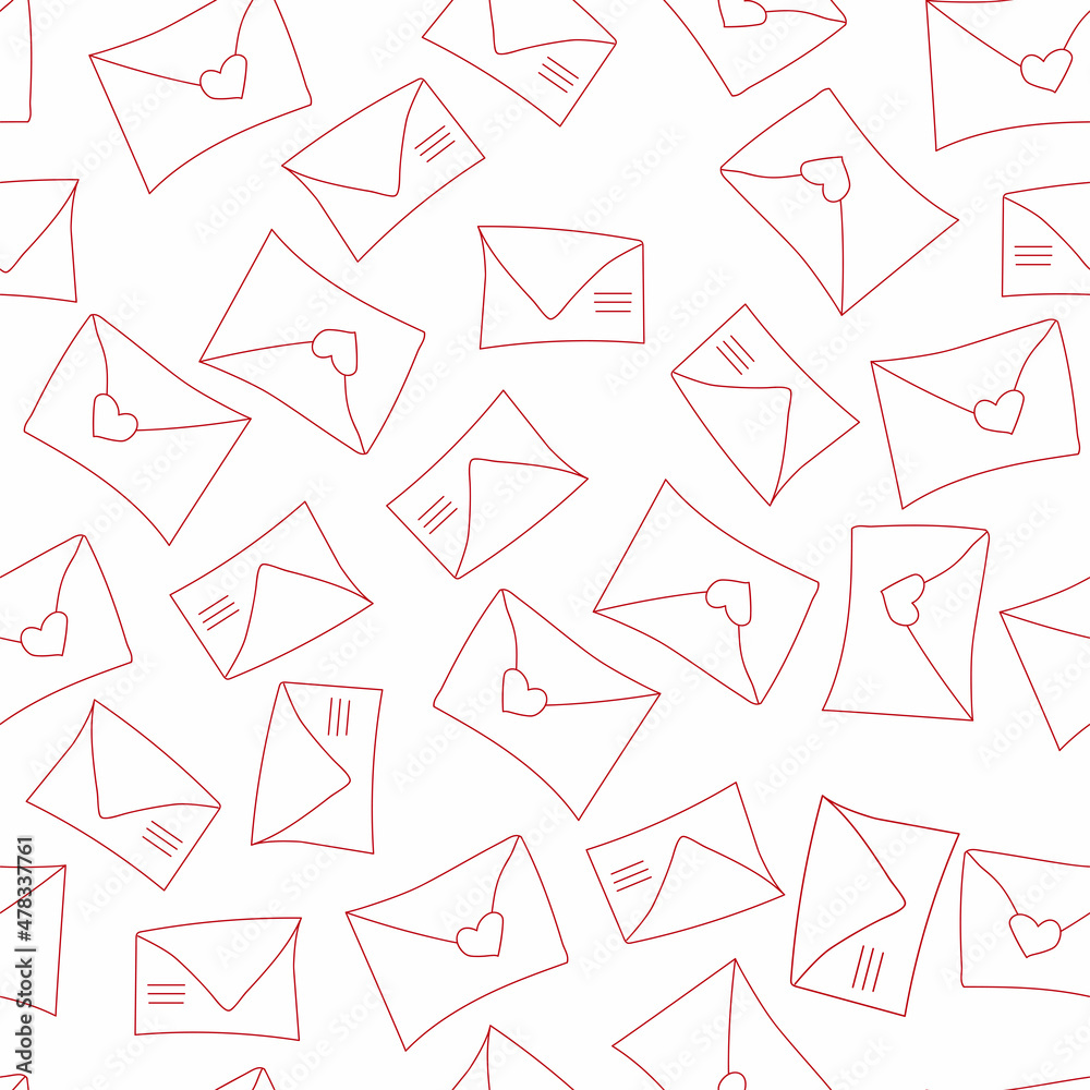 Vector. Cute seamless pattern of love with envelopes, mail, on a white