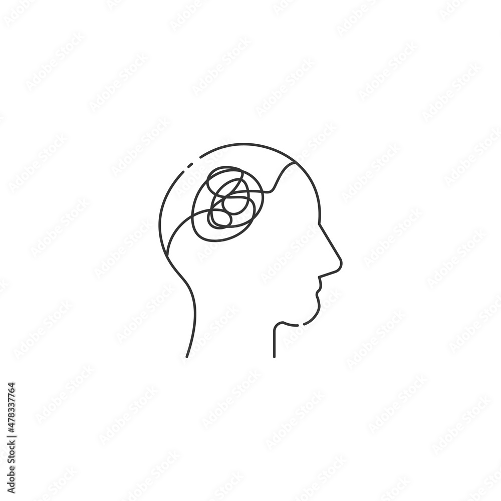 Linear head with confused brain, clew head. Problem solving concept. Editable stroke. Stock vector illustration isolated on white background Linear head with confused brain, clew head. Problem solving concept. Editable stroke. Stock vector illustration isolated on white background