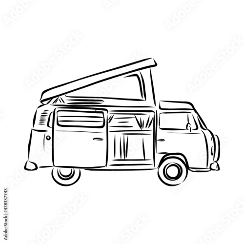 White van with black outline isolated on white background. Vector Illustration.