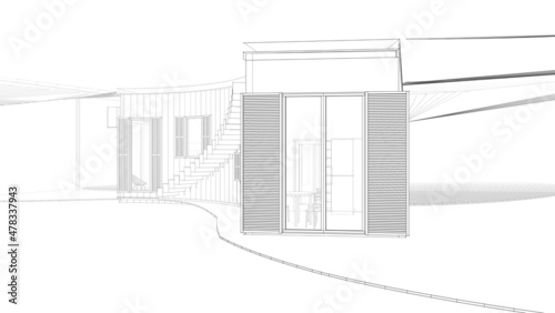 3d render of a modern house with pergolas  sketch