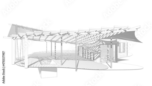 Fototapeta Naklejka Na Ścianę i Meble -  3d render of a modern house with pergolas, sketch
