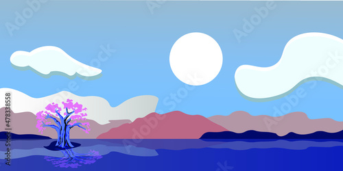 Flat landscape view with hills and lake. Vector illustration of a nature background.