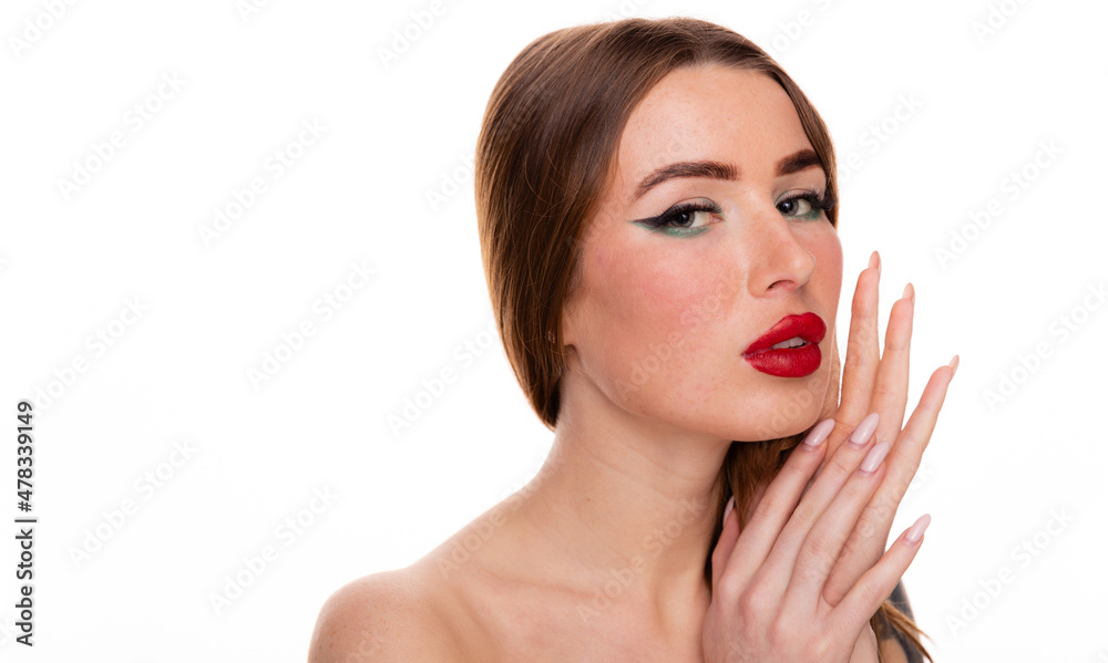 Beauty woman face healthy skin natural make up with manicure hands nails young beautiful model with long, shiny wavy hair, cosmetic concept. Studio shot isolated over white background Beauty woman face healthy skin natural make up with manicure hands nails young beautiful model with long, shiny wavy hair, cosmetic concept. Studio shot isolated over white background