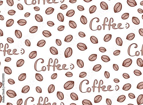Food and drink vector seamless pattern with handwritten coffee beans and the words "Coffee"
