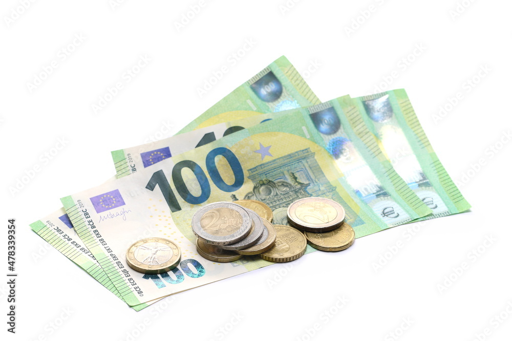 Hundred euro banknotes, bills with change, cash paper money and coins isolated on white   - obrazy, fototapety, plakaty 