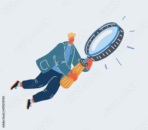 Vector illustration of Audit concept. Man with big magnifying glass in hand. Flyingsymbol of professional auditor © iracosma