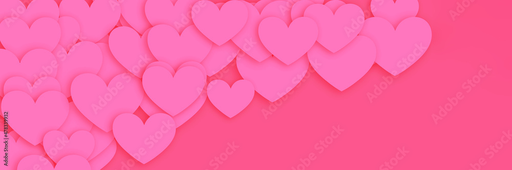 Valentines day pink background header with hearts. Wide screen wallpaper. Panoramic web banner with copy space for design