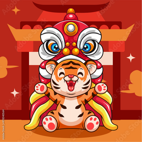 cute little tiger cartoon celebrating chinese new year with Lion dance