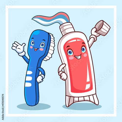 Cartoon toothbrush and toothpaste waving