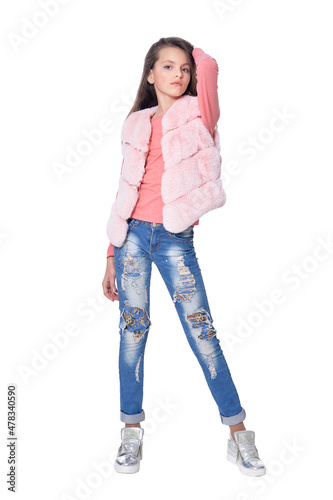 Slika na platnu Happy little girl posing in fur waistcoat